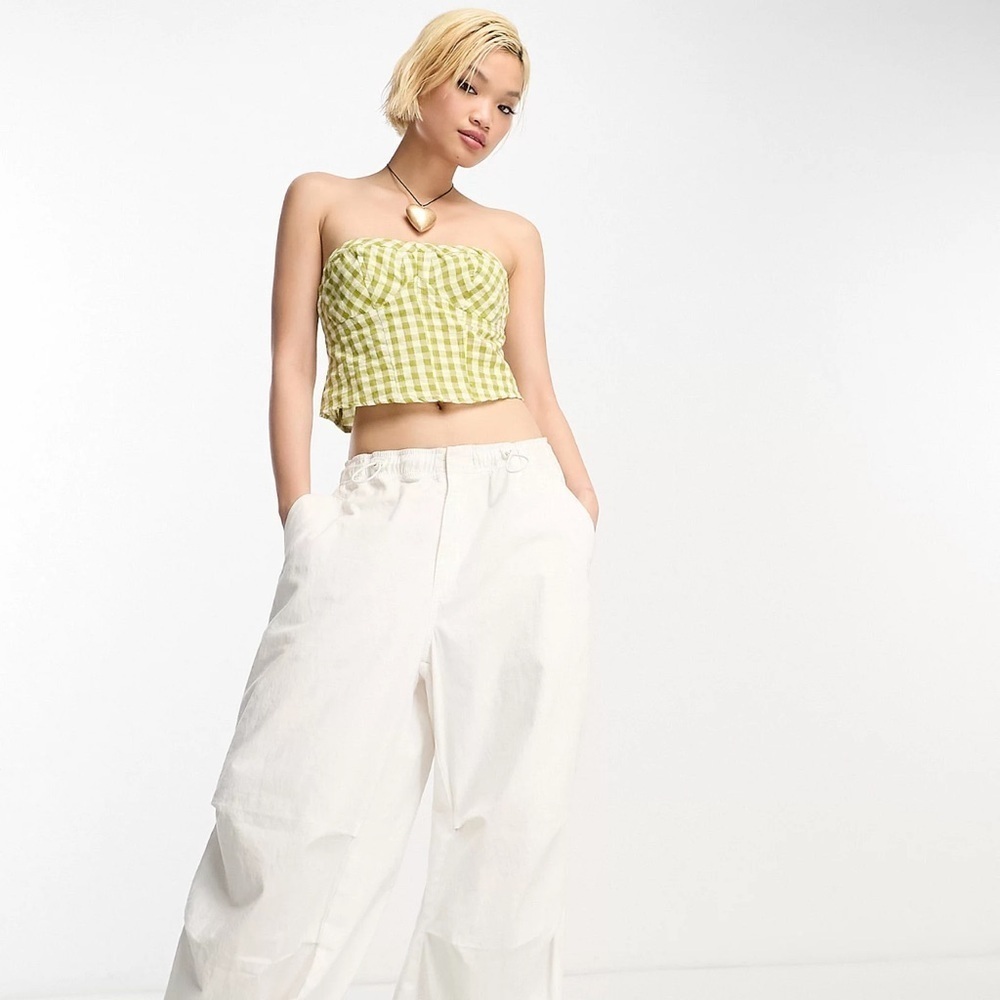 Free People Yellow Green Gingham Strapless Crop Top